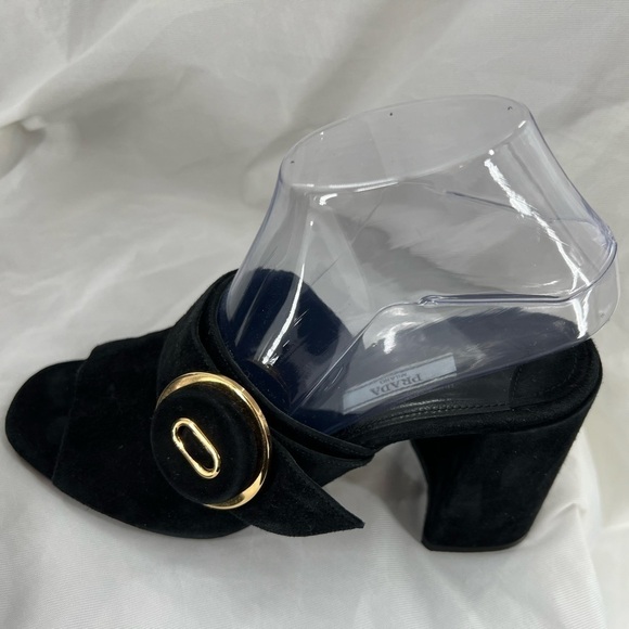 PRADA MILANO BLACK SUEDE CHUNKY HEEL SANDAL BLACK SIZE 37 EUR SIZE 6.5 US - Picture 15 of 16
